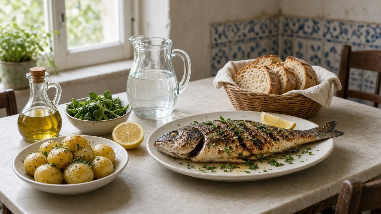 Ilustração de um almoço português simples, não uma fotografia de um restaurante concreto.