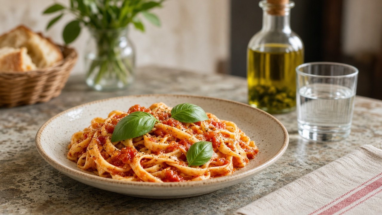 Ilustração de um prato de massa italiana, não uma fotografia de um restaurante concreto.