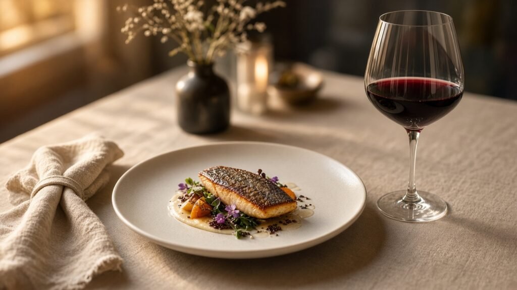 Ilustração de um jantar de vinho, não uma fotografia deste restaurante.