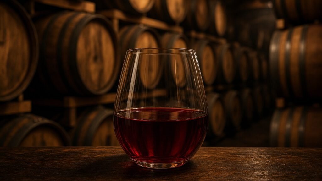 Ilustração de um copo de vinho do Porto numa cave, não uma fotografia desta cave.