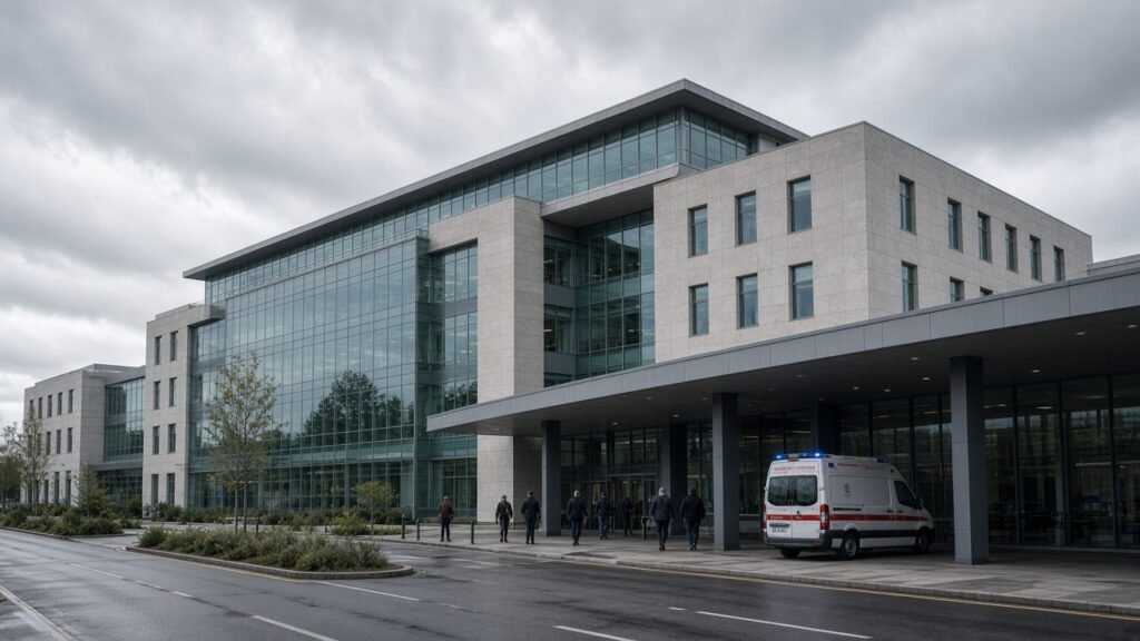 A hospital exterior on a cloudy day